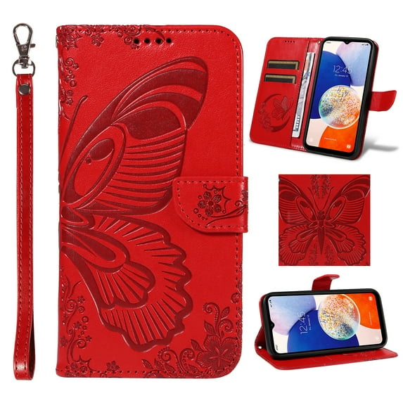 Elehold Case for Samsung Galaxy A15 5G, Galaxy A15 Phone Case Wallet with Card Holder, Embossed Butterfly PU Leather Flip Folio Cover for Women with Wrist Strap,Red