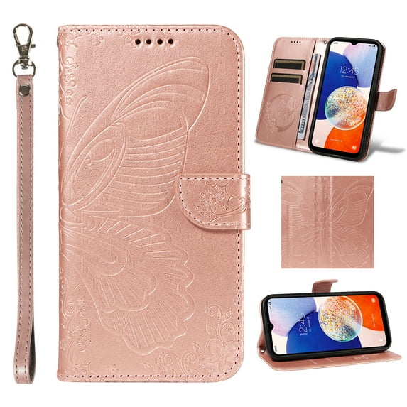 Elehold Case for Samsung Galaxy A15 5G, Galaxy A15 Phone Case Wallet with Card Holder, Embossed Butterfly PU Leather Flip Folio Cover for Women with Wrist Strap,Rosegold