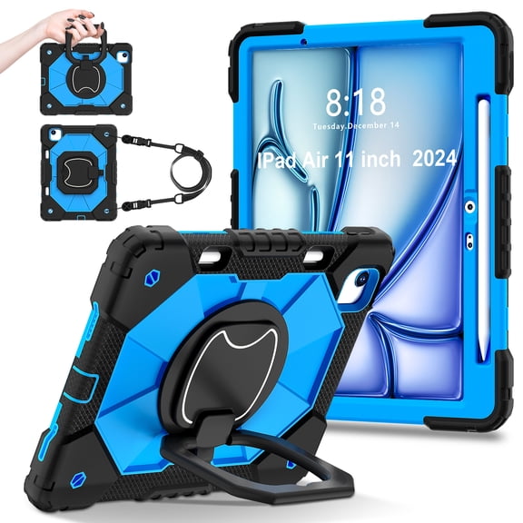 Elehold Case for iPad Air 11 Inch Case 2024 (6th Generation),Sturdy Heavy Duty Shockproof Protective Case with Rotating Handle Grip Stand, Shoulder Strap for iPad Air 11-inch M2 (2024),Black + Blue