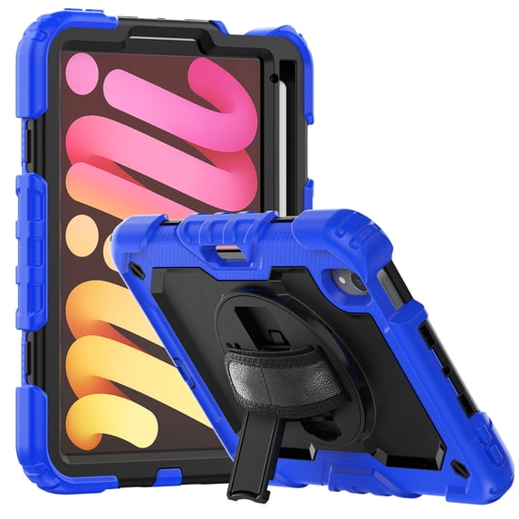 Elehold Case for iPad mini 7th (A17 Pro) 2024/6th Generation Case, Shockproof Protective Case with Pencil Holder Screen Protector 360° Rotate Stand Case with Hand/Shoulder Strap,Black Blue