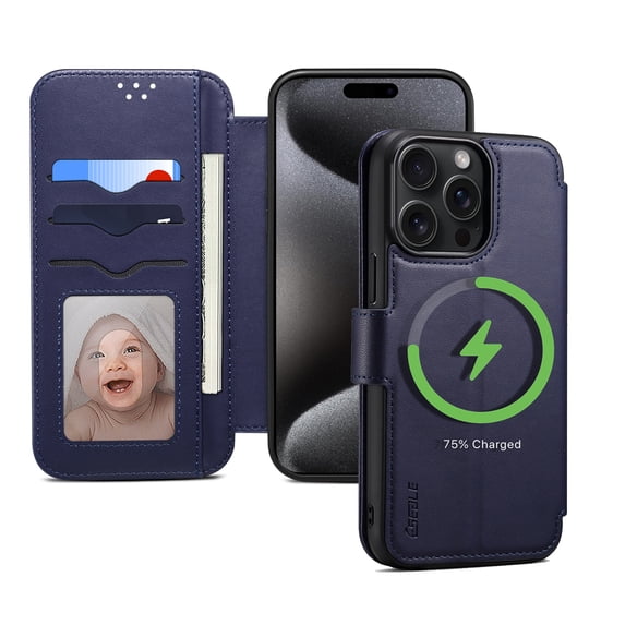 Elehold Case for iPhone 15 Pro with Credit Card Holder, Compatible with MagSafe, PU Leather Flip Kickstand Women Men for iPhone 15 Pro Phone Case,Blue
