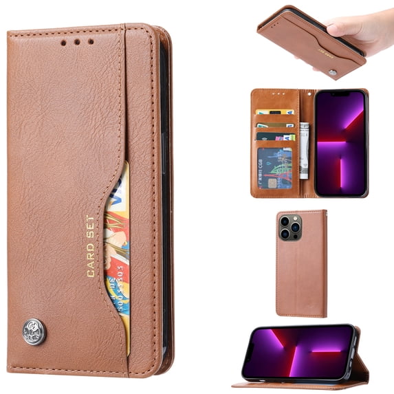 Elehold Clasp Wallet Case for iPhone 14 Pro 6.1 inch Ultra Slim PU Leather+Soft TPU Shockproof with Kickstand Folio Flip Card Cash Slot Full Body Protection Case,Brown