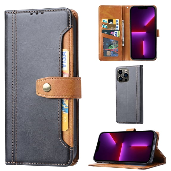 Elehold Clasp Wallet Case for iPhone 14 Pro Max 6.7 inch Ultra Slim PU Leather+Soft TPU Shockproof with Kickstand Folio Flip Card Cash Slot Full Body Protection Case,Black