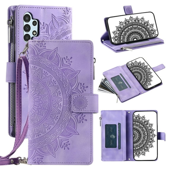 Elehold Crossbody Mandala Embossed wallet Case for Samsung Galaxy A13 5G,Premium vegan leather and inner soft slim TPU with Detachable Shoulder Strap Magnetic Flip Card Slots Wallet Case,Purple