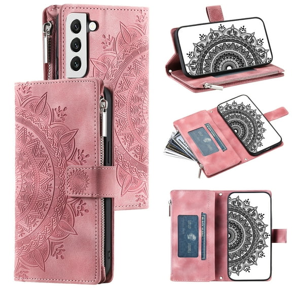 Elehold Crossbody Mandala Embossed wallet Case for Samsung Galaxy S22 5G,Premium vegan leather and inner soft slim TPU with Detachable Shoulder Strap Magnetic Flip Card Slots Wallet Case,Pink