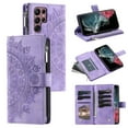 thumbnail image 1 of Elehold Crossbody Mandala Embossed wallet Case for Samsung Galaxy S22 Ultra 5G,Premium vegan leather and inner soft slim TPU with Detachable Shoulder Strap Magnetic Flip Card Slots Wallet Case,Purple, 1 of 13