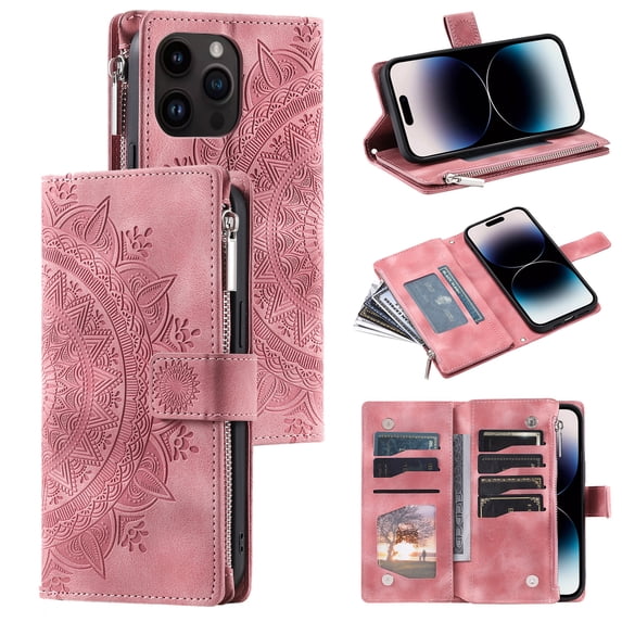 Elehold Crossbody Mandala Embossed wallet Case for iPhone 14 Pro 6.1 inch,Premium vegan leather and inner soft slim TPU with Detachable Shoulder Strap Magnetic Flip Card Slots Wallet Case,Pink