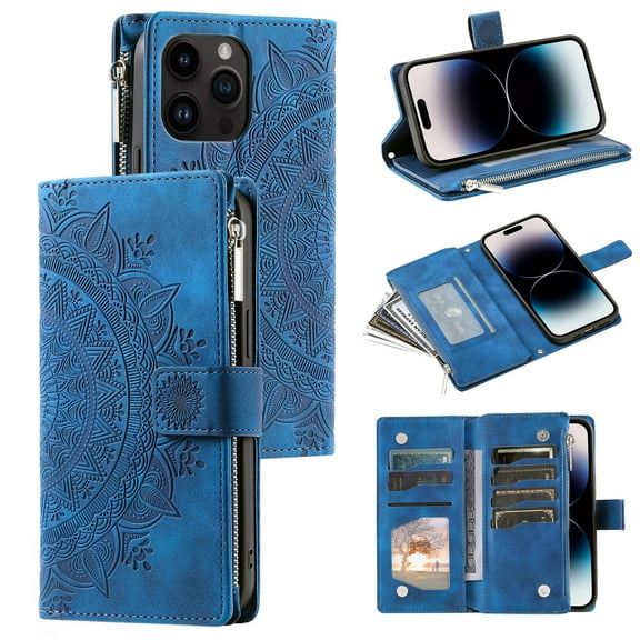 Elehold Crossbody Mandala Embossed wallet Case for iPhone 14 Pro 6.1 inch,Premium vegan leather and inner soft slim TPU with Detachable Shoulder Strap Magnetic Flip Card Slots Wallet Case,Blue