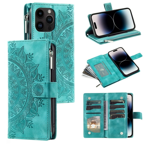Elehold Crossbody Mandala Embossed wallet Case for iPhone 14 Pro 6.1 inch,Premium vegan leather and inner soft slim TPU with Detachable Shoulder Strap Magnetic Flip Card Slots Wallet Case,Green
