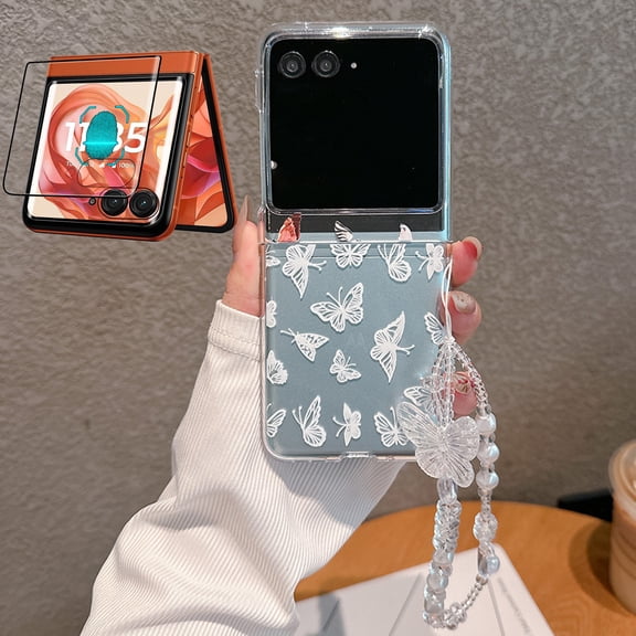 Elehold Cute Clear Case for Motorola Moto Razr Plus 2024 with Bead Chain Strap + Tempered Glass Screen Protector,Pretty Flower Pattern Shockproof Protective Cover for Moto Razr+ 2024,White Butterfly