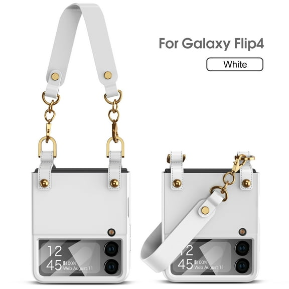 Elehold Exquisite Handbags Fashion Case Cpmpatible with Samsung Galaxy Z Flip 4 6.7 inch PU Leather and TPU with Shockproof Hang StrapFor Samsung Galaxy Z Flip4,White