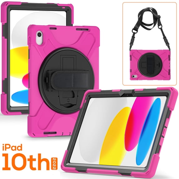 Elehold Hybrid Heavy Duty Rugged Case Compatible with iPad 10th Gen 10.9" (2022) with 360 Rotating Hand Strap/Shoulder/Kickstand Strap Shockproof Double Protection Case Cover,Rose