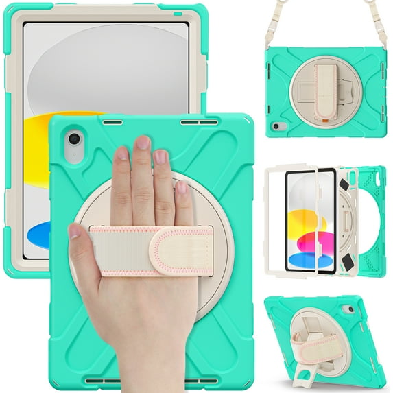 Elehold Hybrid Heavy Duty Rugged Case Compatible with iPad 10th Gen 10.9" (2022) with 360 Rotating Hand Strap/Shoulder/Kickstand Strap Shockproof Double Protection Case Cover - Mint