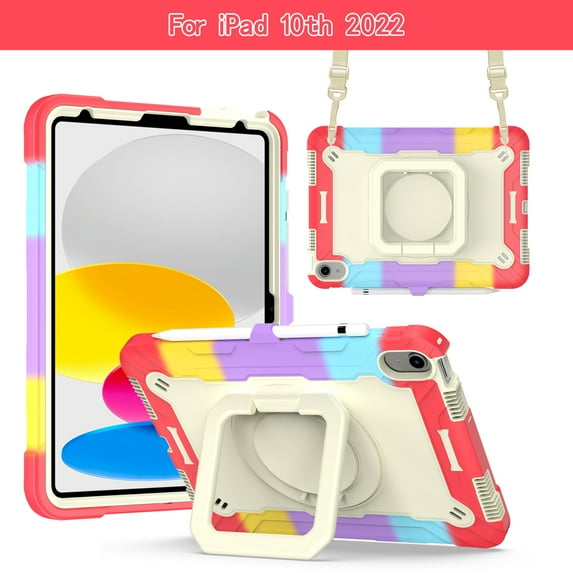 Elehold Kids Rugged Table Case for iPad 10th Generation 2022 10.9 inch, Made of PC Heavy Duty and Soft TPU with 360 Rotating Ring Stand-Shoulder Strap Handle Crossbody Rugged Silicone Protection, Red