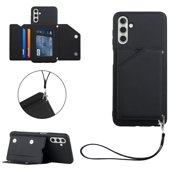 Elehold Lanyard Wallet Case for Samsung Galaxy A13 5G 6.5 Inch Max Premium vegan leather with Wrist Strap,Shockproof Magnetic Buckle Flip Kickstand Credit Card Slots Anti-Scratch Protective Case,Black