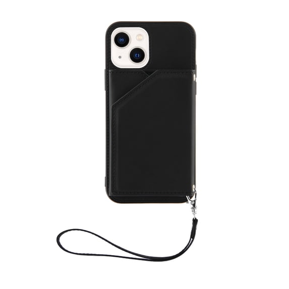 Elehold Lanyard Wallet Case for iPhone 14 6.1 Inch Max Premium vegan leather with Wrist Strap,Shockproof Magnetic Buckle Flip Kickstand Credit Card Slots Anti-Scratch Protective Cover,Black