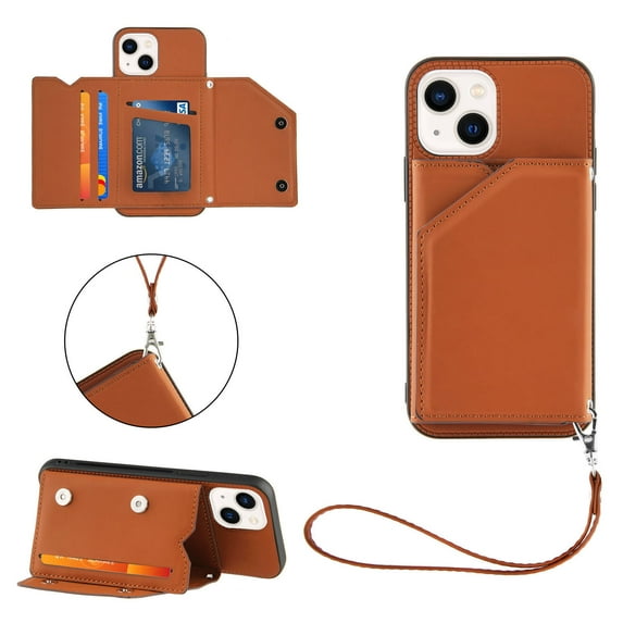 Elehold Lanyard Wallet Case for iPhone 14 Plus 6.7 Inch Max Premium vegan leather with Wrist Strap,Shockproof Magnetic Buckle Flip Kickstand Credit Card Slots Anti-Scratch Protective Cover,Brown