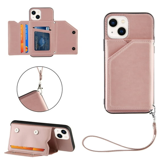 Elehold Lanyard Wallet Case for iPhone 14 Plus 6.7 Inch Max Premium vegan leather with Wrist Strap,Shockproof Magnetic Buckle Flip Kickstand Credit Card Slots Anti-Scratch Protective Cover,Rosegold