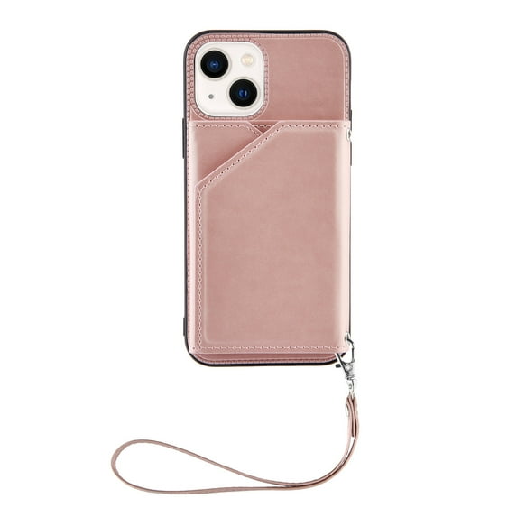 Elehold Lanyard Wallet Case for iPhone 14 Plus 6.7 Inch Max Premium vegan leather with Wrist Strap,Shockproof Magnetic Buckle Flip Kickstand Credit Card Slots Anti-Scratch Protective Cover,Rosegold