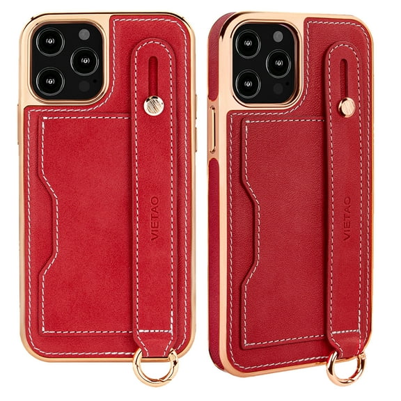 Elehold Luxury Leather Hand Strap Card Slot Case Compatible with iPhone 12 Pro Max 6.7 Inch with Shockproof Kickstand Lanyard for iPhone 12 Pro Max,Red