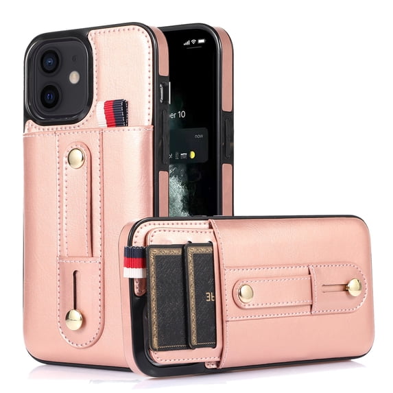 Elehold Luxury Leather Hand Strap Card Slot Case Compatible with iPhone 14 6.1 Inch with Camera Protection Card Slot Shockproof Kickstand Lanyard for iPhone 14 6.1 inch Rosegold