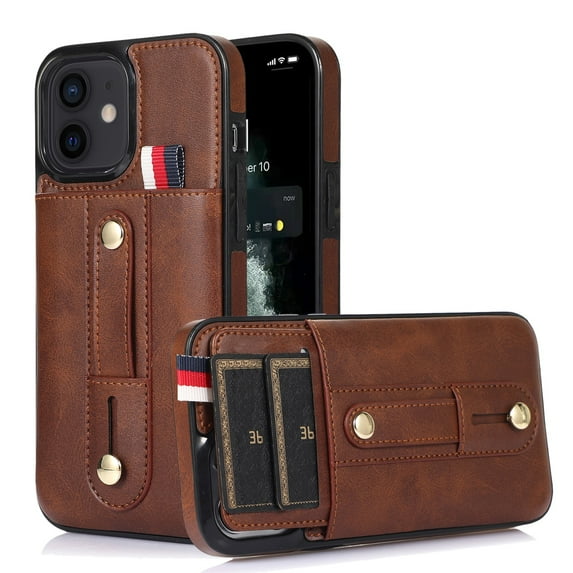 Elehold Luxury Leather Hand Strap Card Slot Case Compatible with iPhone 14 6.1 Inch with Camera Protection Card Slot Shockproof Kickstand Lanyard for iPhone 14 6.1 inch,Brown