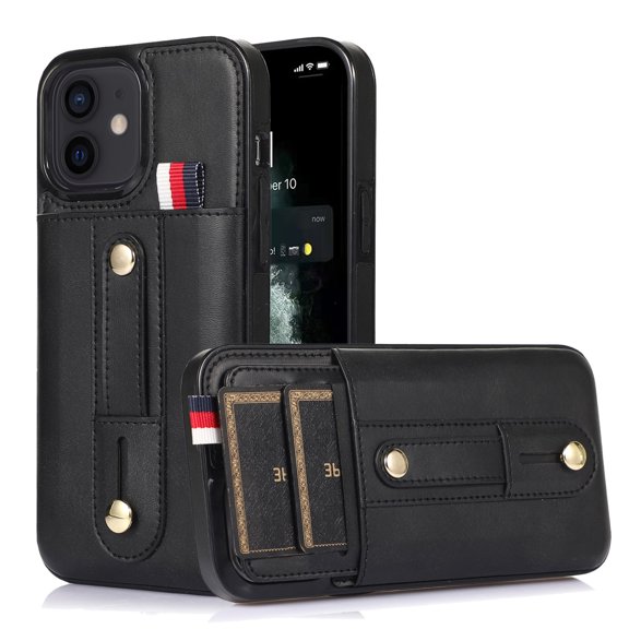 Elehold Luxury Leather Hand Strap Card Slot Case Compatible with iPhone 14 6.1 Inch with Camera Protection Card Slot Shockproof Kickstand Lanyard for iPhone 14 6.1 inch Black