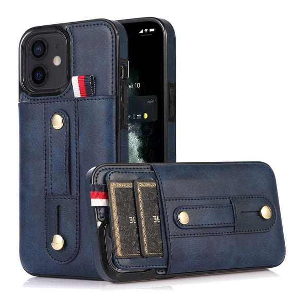 Elehold Luxury Leather Hand Strap Card Slot Case Compatible with iPhone 14 6.1 Inch with Camera Protection Card Slot Shockproof Kickstand Lanyard for iPhone 14 6.1 inch Blue
