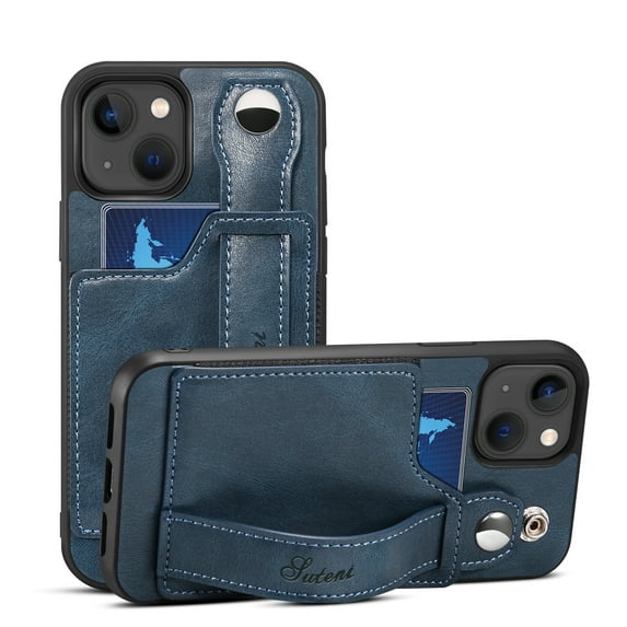 Elehold Luxury Leather Hand Strap Card Slot Case Compatible with iPhone 14 Plus 6.7 Inch with Camera Protection Card Slot Shockproof Kickstand Lanyard for iPhone 14 Plus 6.7 inch, Blue