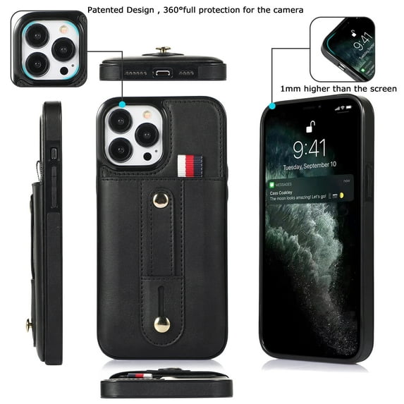 Elehold Luxury Leather Hand Strap Card Slot Case Compatible with iPhone 14 Plus 6.7 Inch with Full Phone Protection Card Slot Shockproof Kickstand Lanyard for iPhone 14 Plus,Black