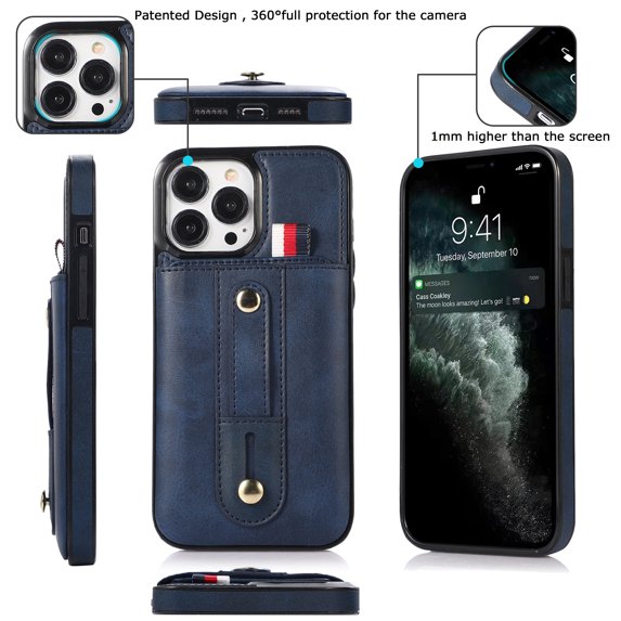 Elehold Luxury Leather Hand Strap Card Slot Case Compatible with iPhone 14 Pro 6.1 Inch with Camera Protection Card Slot Shockproof Kickstand Lanyard for iPhone 14 Pro 6.1 inch,Blue