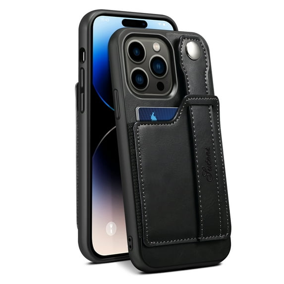 Elehold Luxury Leather Hand Strap Card Slot Case Compatible with iPhone 14 Pro 6.1 Inch with Camera Protection Card Slot Shockproof Kickstand Lanyard for iPhone 14 Pro 6.1 inch,Black
