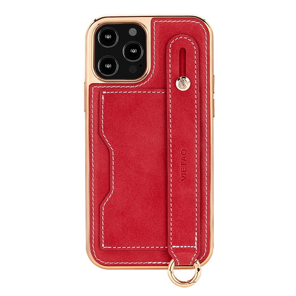 Elehold Luxury Leather Hand Strap Card Slot Case Compatible with iPhone 14 Pro Max 6.7 Inch with Shockproof Kickstand Lanyard For iPhone 14 Pro Max,Red
