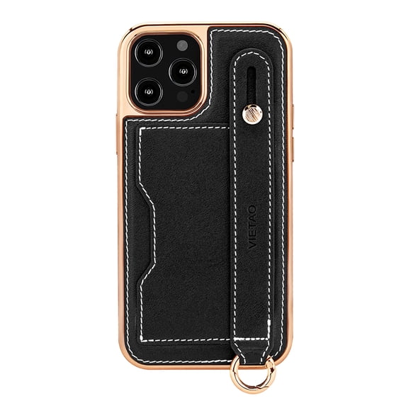 Elehold Luxury Leather Hand Strap Card Slot Case Compatible with iPhone 14 6.1 Pro Inch with Shockproof Kickstand Lanyard For iPhone 14 Pro,Black