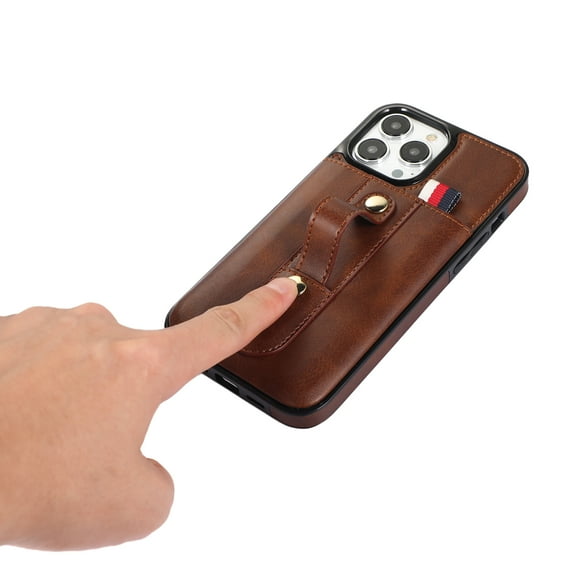 Elehold Luxury Leather Hand Strap Case for iPhone 14 Pro Max Wallet Cover with Hidden Card Holder & Finger Grip Band Loop Stretch, Vintage PU Leather Case Kickstand Protective Business Cover, Brown