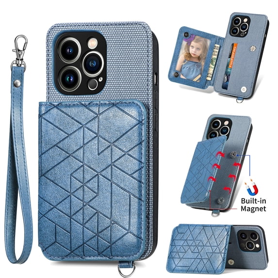 Elehold Luxury Leather Lanyard Wallet Case for iPhone 14 Pro 6.1 inch Magnetic Closure with Hand Strap Card Cash Slot Shockproof Kickstand Support Magnetic Car Mount Stylish Phone Case,Blue
