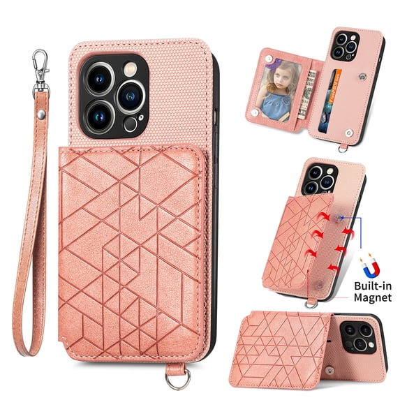 Elehold Luxury Leather Lanyard Wallet Case for iPhone 14 Pro 6.1 inch Magnetic Closure with Hand Strap Card Cash Slot Shockproof Kickstand Support Magnetic Car Mount Stylish Phone Case.Pink