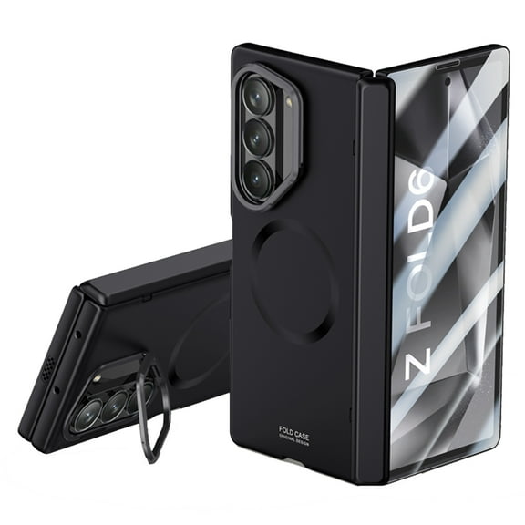 Elehold Magnetic for Samsung Galaxy Z Fold 6 Case with Hinge Protection & Front Screen Protector & Camera Ring Stand, Compatible with MagSafe, Full Body Phone Cover for Samsung Z Fold 6,Black