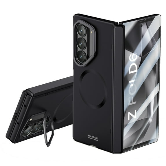 Elehold Magnetic for Samsung Galaxy Z Fold 6 Case with Hinge Protection & Front Screen Protector & Camera Ring Stand, Compatible with MagSafe, Full Body Phone Cover for Samsung Z Fold 6,Black