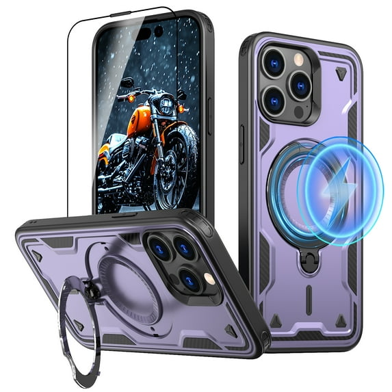 Elehold Magnetic for iPhone 12 / 12 Pro Case 6.1" Compatible with MagSafe,Rotating Foldable Invisible Stand Military Dropproof Rugged Case with Tempered Glass Screen Protector,Purple