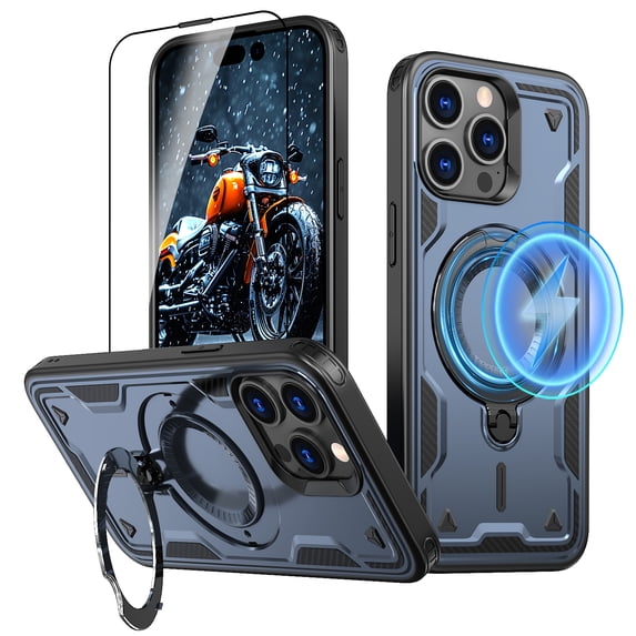 Elehold Magnetic for iPhone 13 Pro Case Compatible with MagSafe,Rotating Foldable Invisible Stand Military Dropproof Rugged Case with Tempered Glass Screen Protector for iPhone 13 Pro,Blue