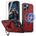 thumbnail image 1 of Elehold Magnetic for iPhone 13 Pro Case Compatible with MagSafe,Rotating Foldable Invisible Stand Military Dropproof Rugged Case with Tempered Glass Screen Protector for iPhone 13 Pro,Red, 1 of 1