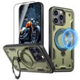 thumbnail image 1 of Elehold Magnetic for iPhone 13 Pro Max Case Compatible with MagSafe,Rotating Foldable Invisible Stand Military Dropproof Rugged Case with Tempered Glass Screen Protector for iPhone 13 Pro Max,Green, 1 of 1