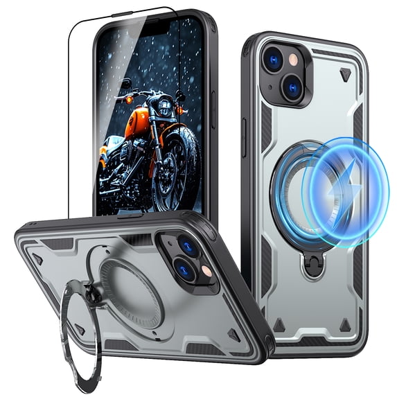 Elehold Magnetic for iPhone 14 Case Compatible with MagSafe,Rotating Foldable Invisible Stand Military Dropproof Rugged Case with Tempered Glass Screen Protector for iPhone 14,Gray