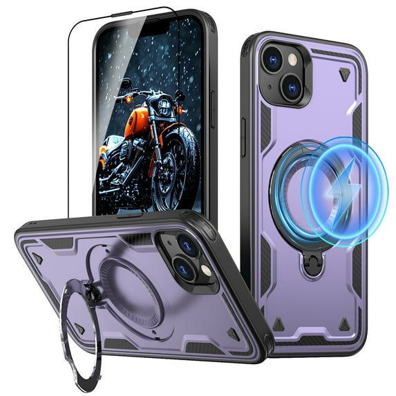 Elehold Magnetic for iPhone 15 Case Compatible with MagSafe,Rotating Foldable Invisible Stand Military Dropproof Rugged Case with Tempered Glass Screen Protector for iPhone 15,Purple