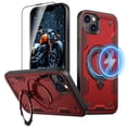 thumbnail image 1 of Elehold Magnetic for iPhone 15 Case Compatible with MagSafe,Rotating Foldable Invisible Stand Military Dropproof Rugged Case with Tempered Glass Screen Protector for iPhone 15,Red, 1 of 1