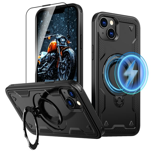 Elehold Magnetic for iPhone 15 Case Compatible with MagSafe,Rotating Foldable Invisible Stand Military Dropproof Rugged Case with Tempered Glass Screen Protector for iPhone 15,Black