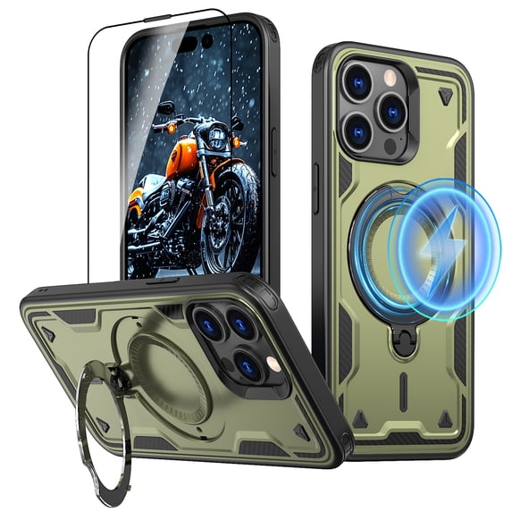 Elehold Magnetic for iPhone 15 Pro Max Case Compatible with MagSafe,Rotating Foldable Invisible Stand Military Dropproof Rugged Case with Tempered Glass Screen Protector for iPhone 15 Pro Max,Green