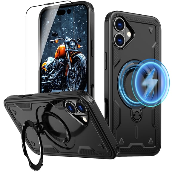 Elehold Magnetic for iPhone 16 Case Compatible with MagSafe,Rotating Foldable Invisible Stand Military Dropproof Rugged Case with Tempered Glass Screen Protector for iPhone 16,Black