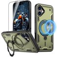 thumbnail image 1 of Elehold Magnetic for iPhone 16 Case Compatible with MagSafe,Rotating Foldable Invisible Stand Military Dropproof Rugged Case with Tempered Glass Screen Protector for iPhone 16,Green, 1 of 6